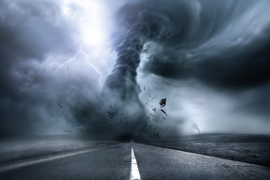 A large storm producing a Tornado causing destruction. Illustration.