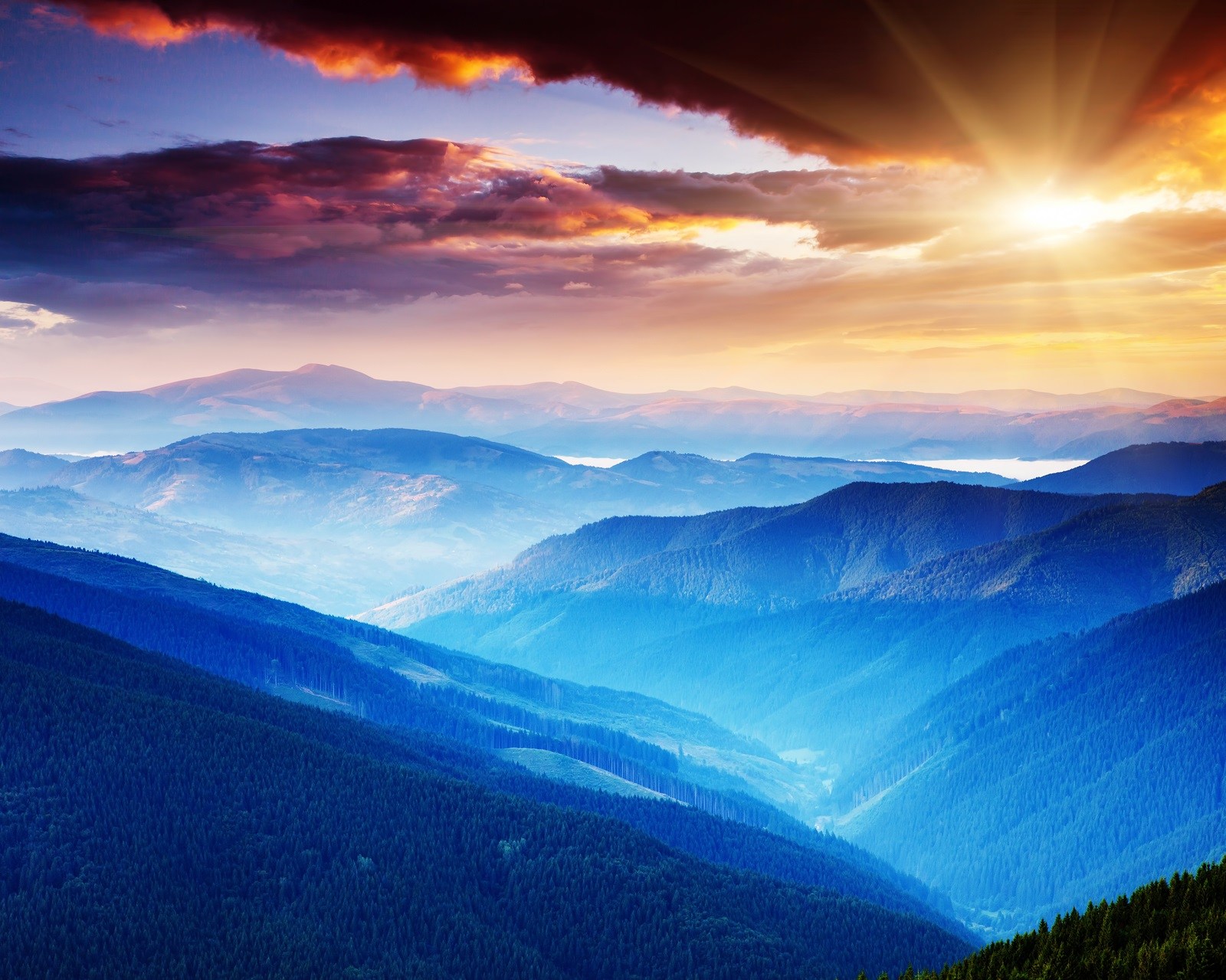 Majestic sunset in the mountains landscape. Carpathian, Ukraine.